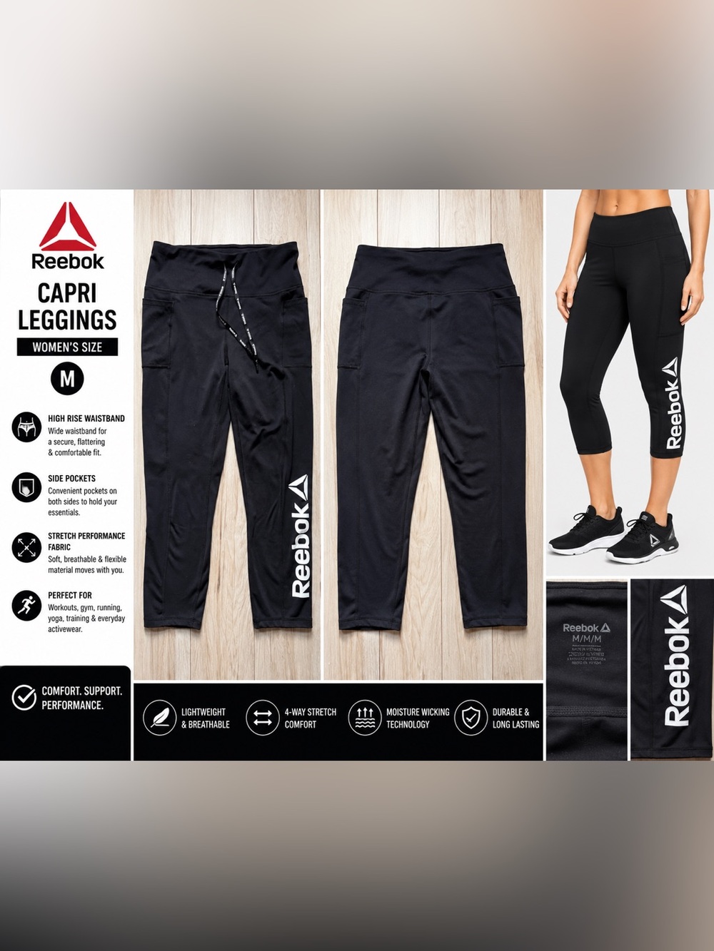 Reebok Black Capri Leggings Women’s Medium Athletic Workout Yoga